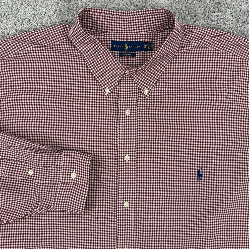 Ralph Lauren Performance Shirt Men's 3XB Maroon Gingham Check Long Sleeve Preppy